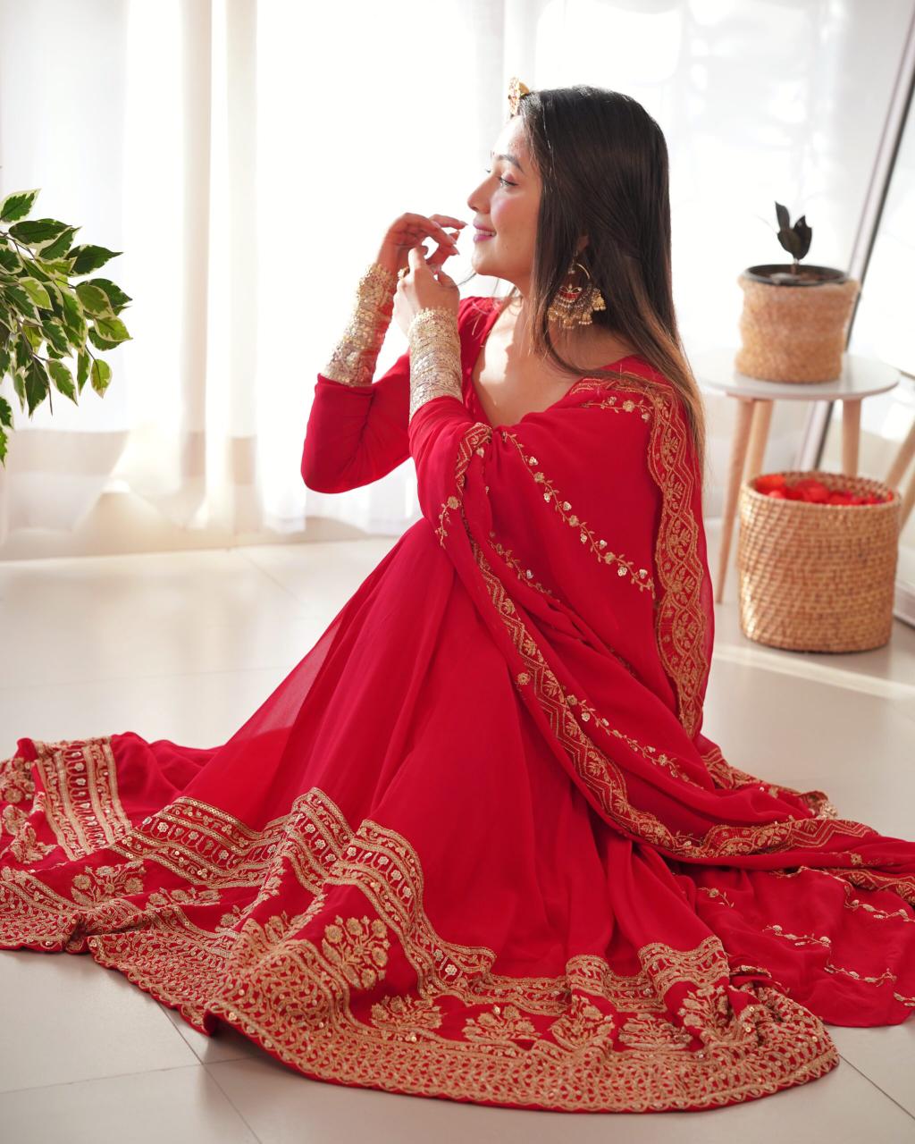 Red Georgette Heavy Sequins Work Anarkali Gown