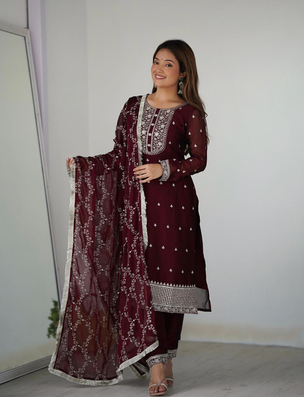 Maroon Rangoli Silk Embroidery Work Suit