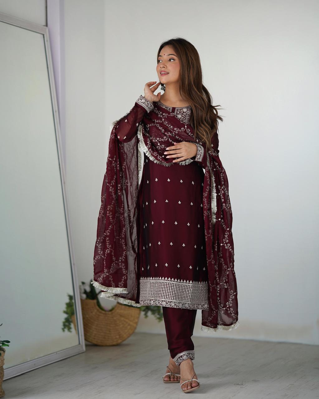 Maroon Rangoli Silk Embroidery Work Suit