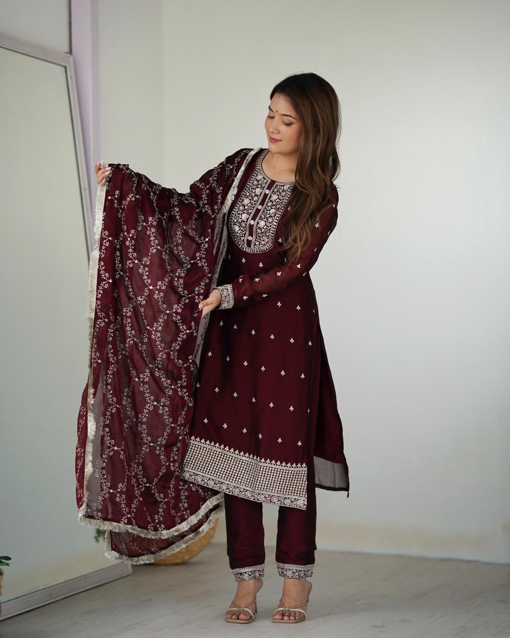 Maroon Rangoli Silk Embroidery Work Suit