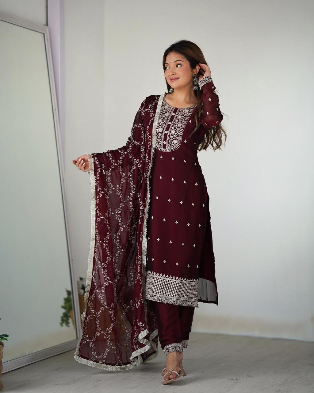 Maroon Rangoli Silk Embroidery Work Suit