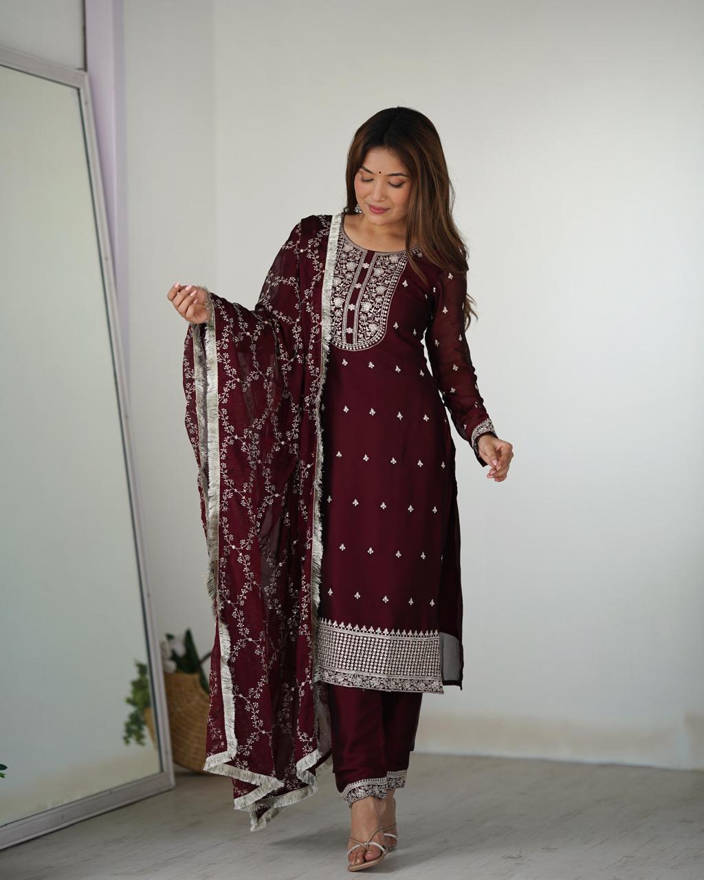 Maroon Rangoli Silk Embroidery Work Suit