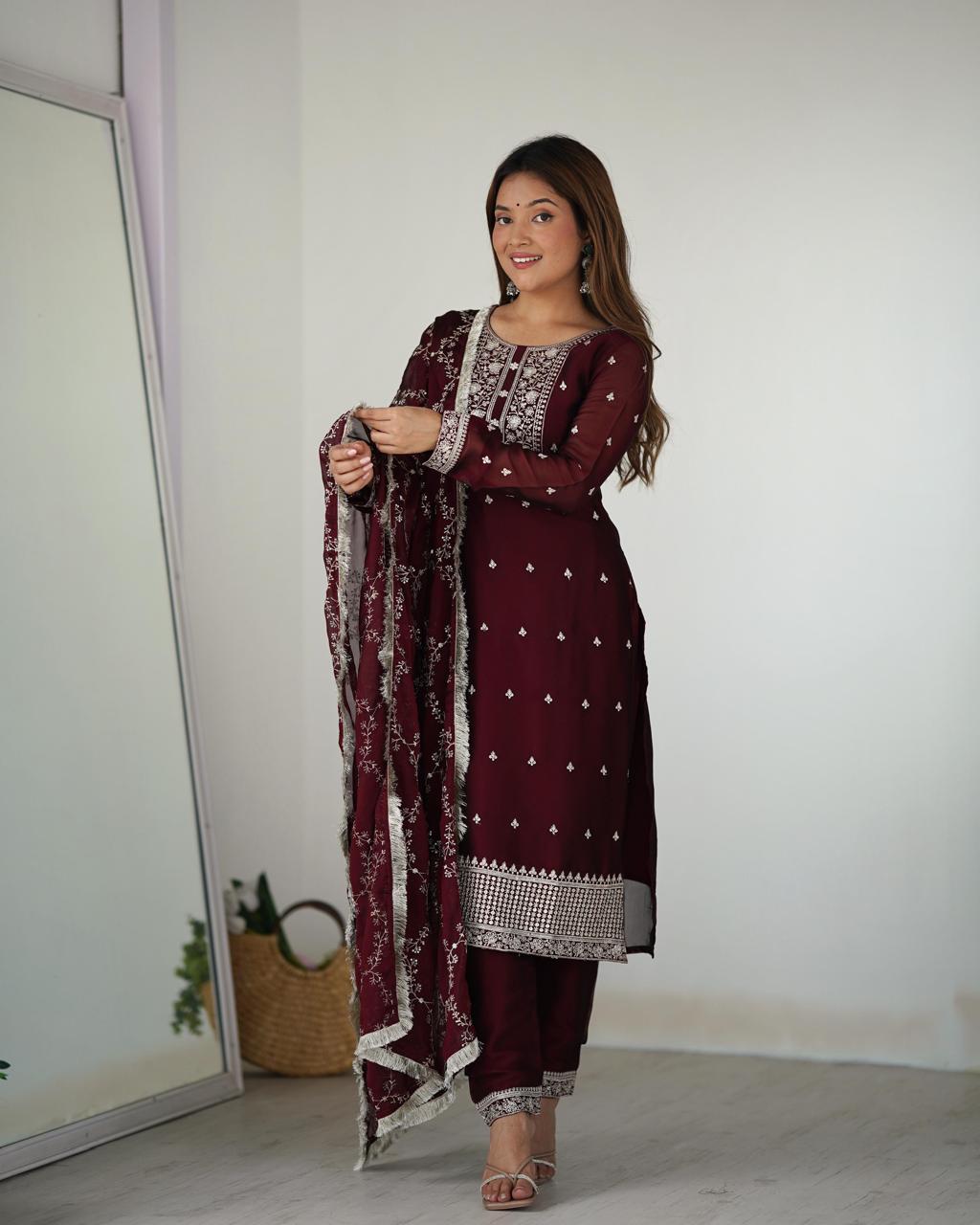 Maroon Rangoli Silk Embroidery Work Suit