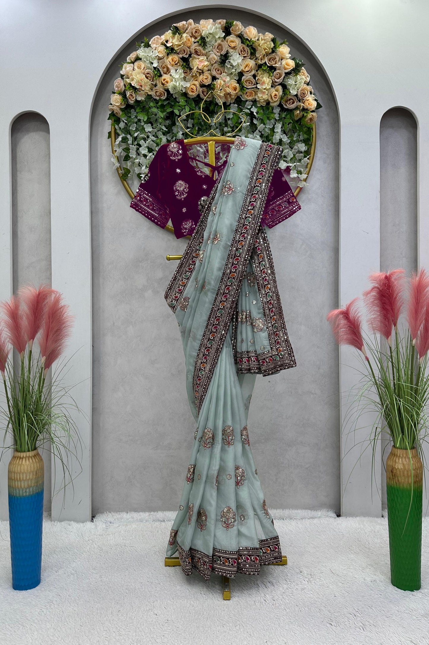 LightBlue Organza-Velvet Heavy Sequins Work Saree