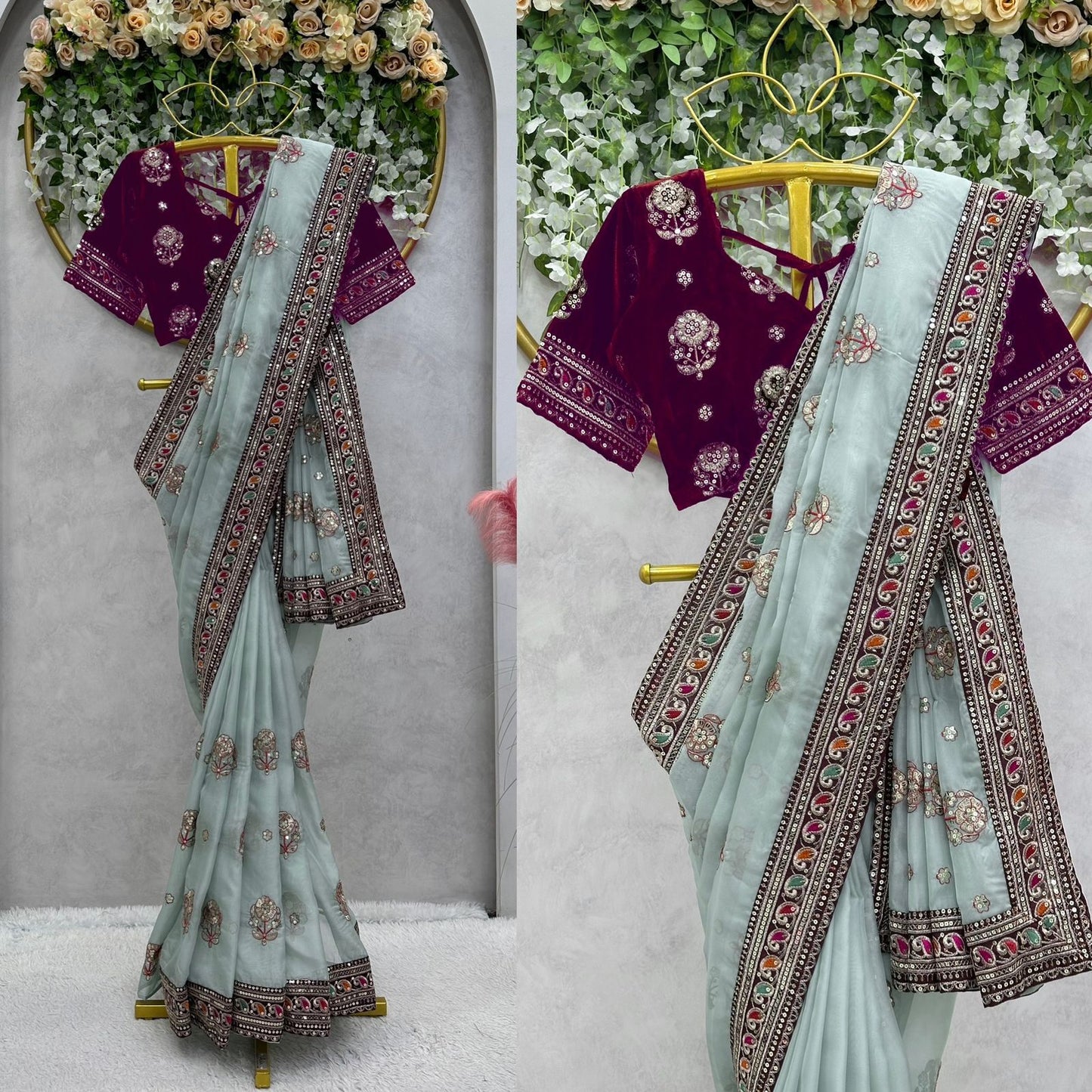 LightBlue Organza-Velvet Heavy Sequins Work Saree