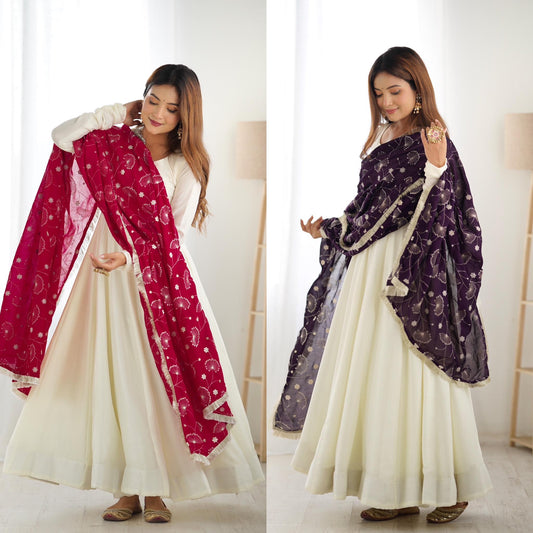 White Soft Vichitra Silk Anarkali