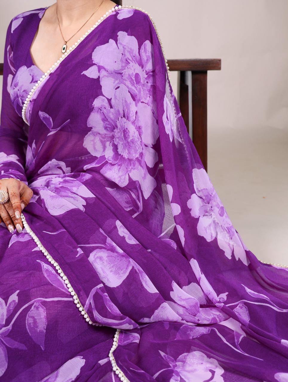 Chiffon Floral Pearl Border Saree