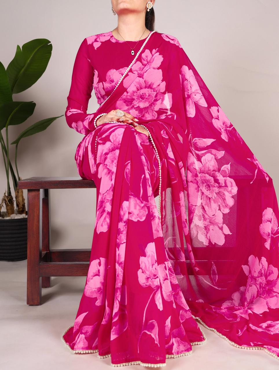 Chiffon Floral Pearl Border Saree