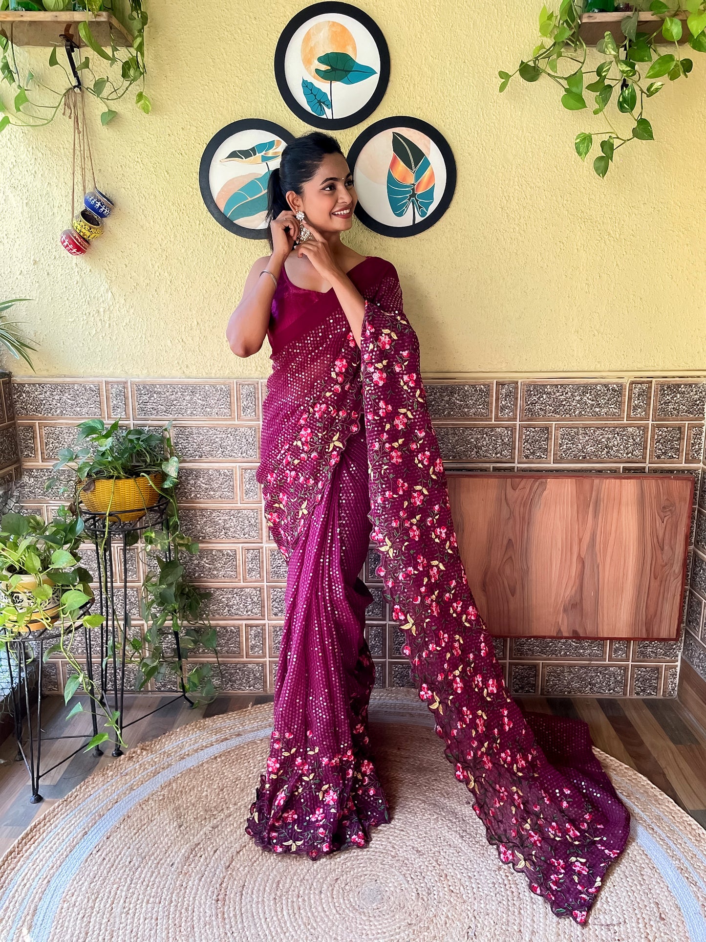 Floral Sequins Embroidered Saree