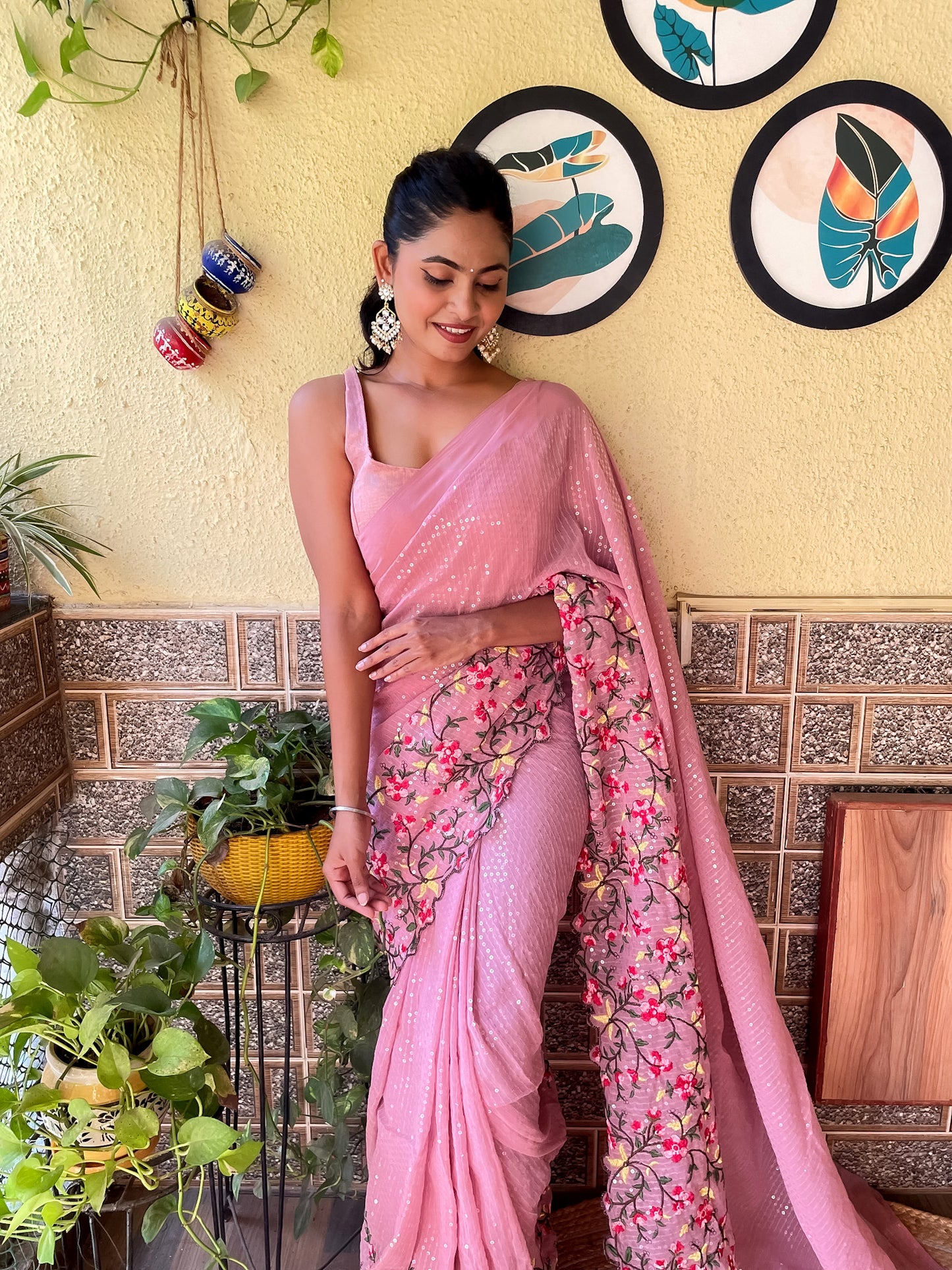 Floral Sequins Embroidered Saree