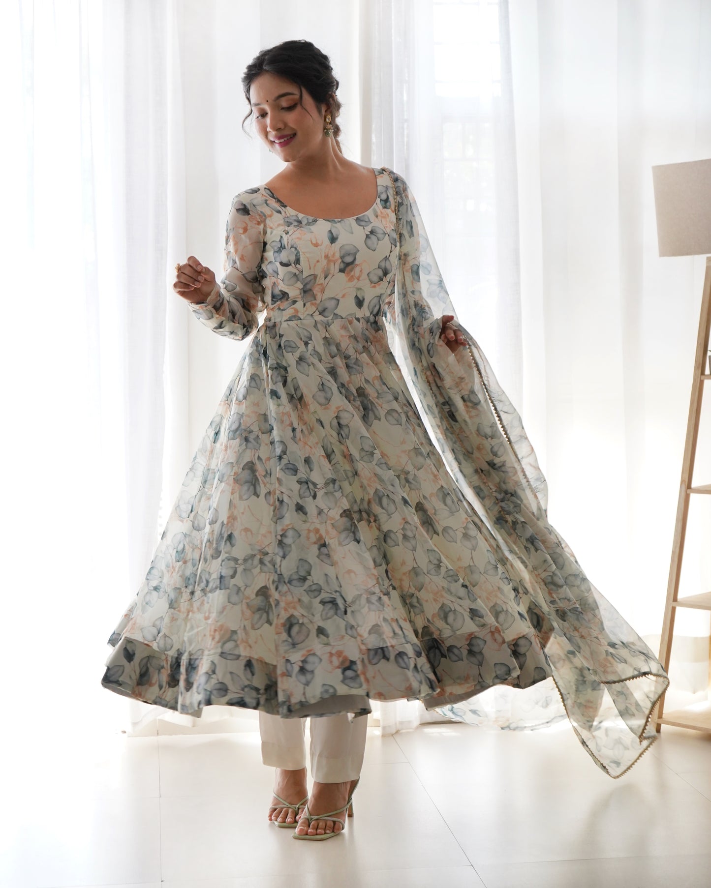 Cream Floral Organza Anarkali