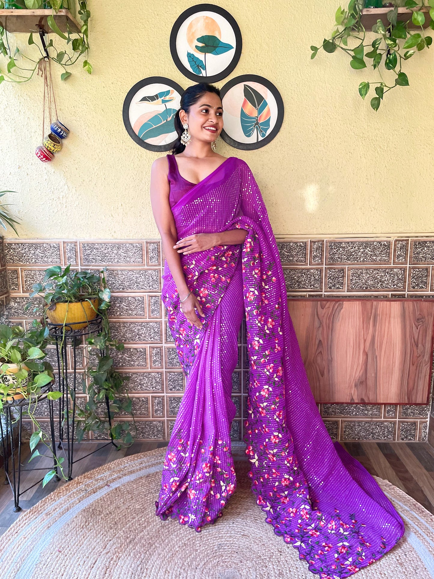 Floral Sequins Embroidered Saree