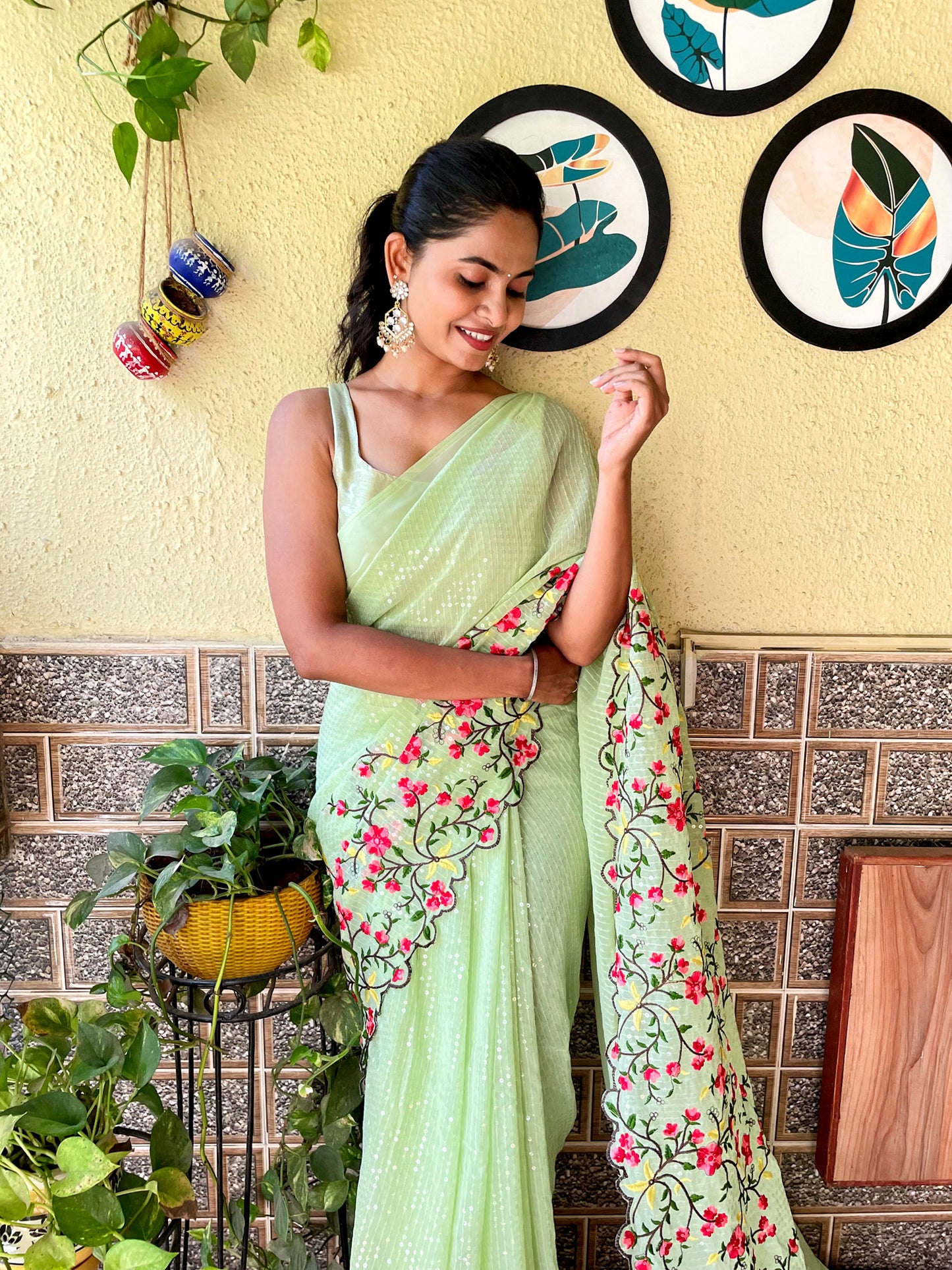 Floral Sequins Embroidered Saree