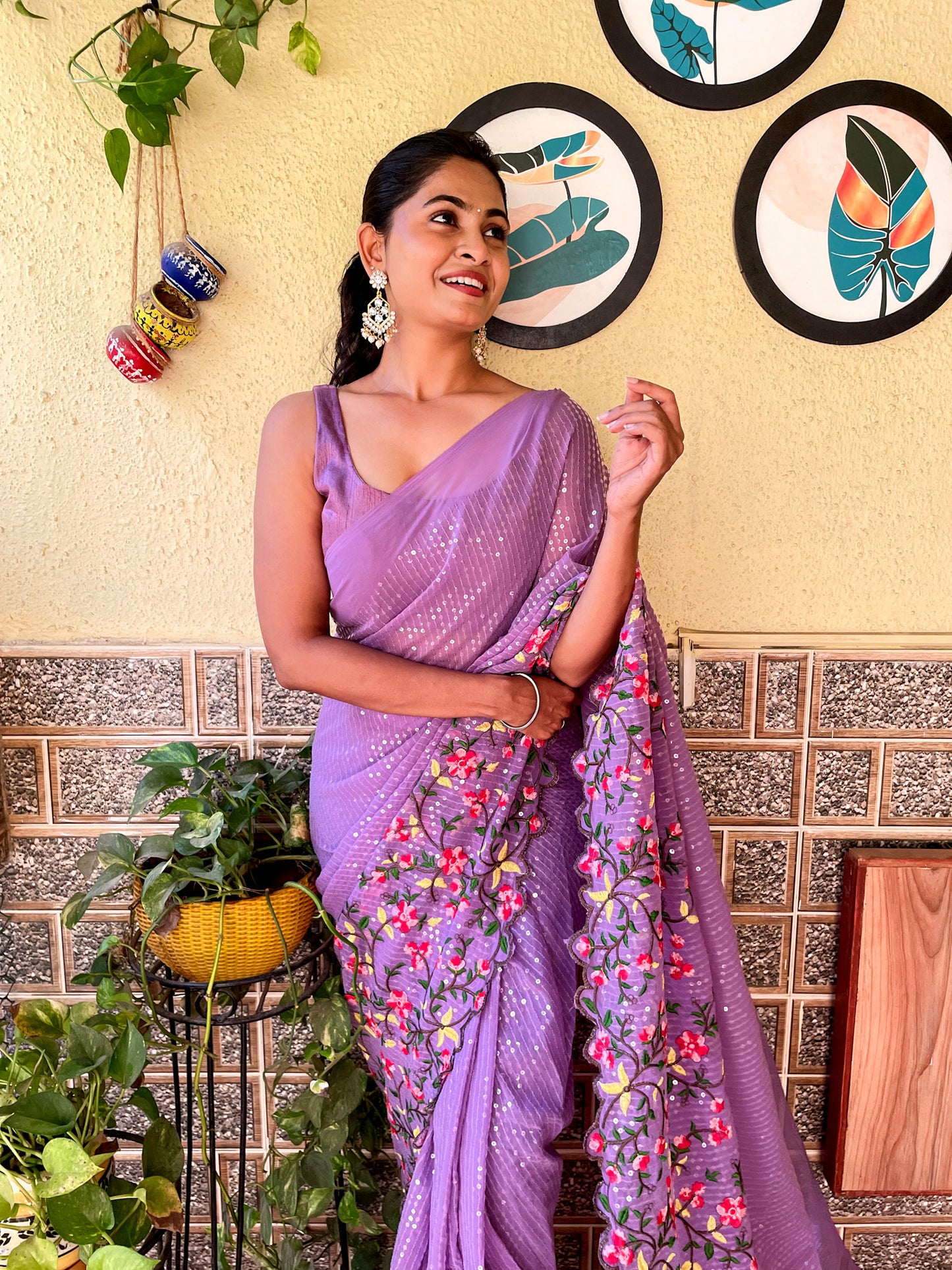 Floral Sequins Embroidered Saree