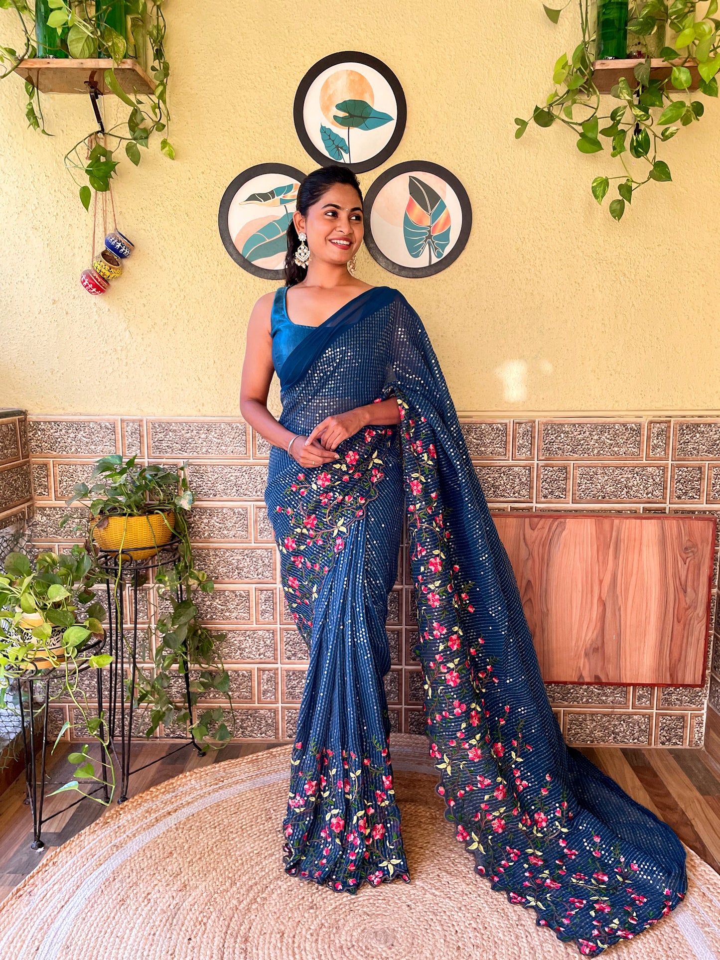 Floral Sequins Embroidered Saree