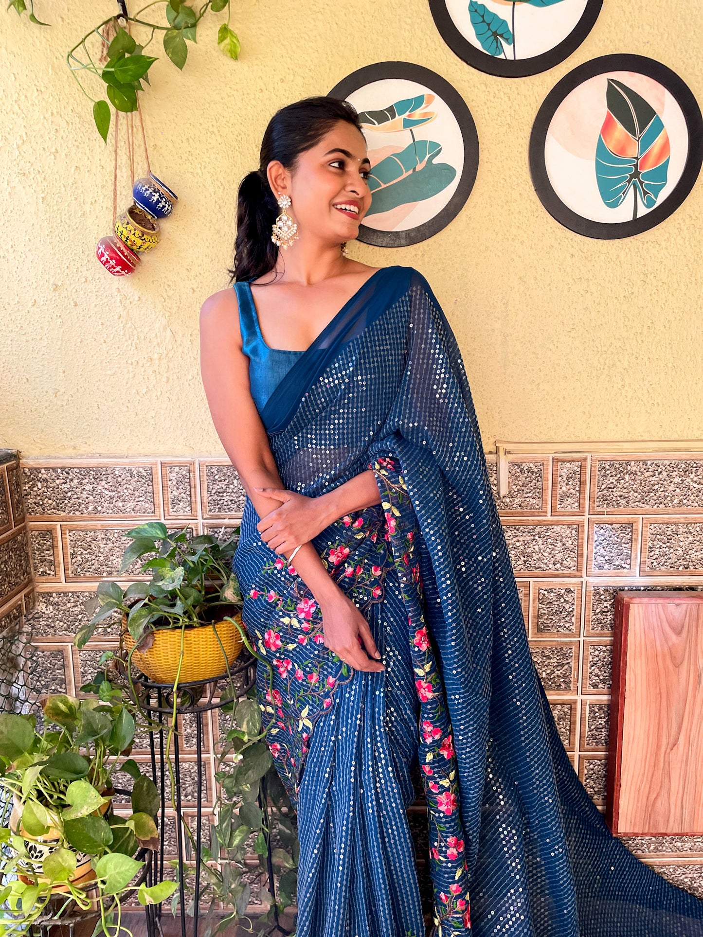 Floral Sequins Embroidered Saree