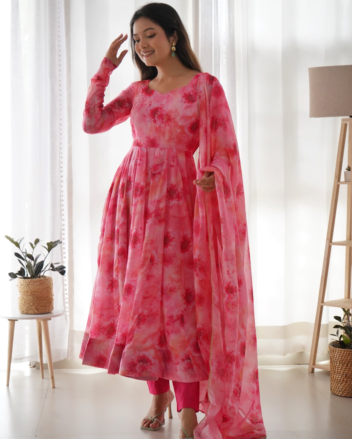 Pink Floral Organza Anarkali