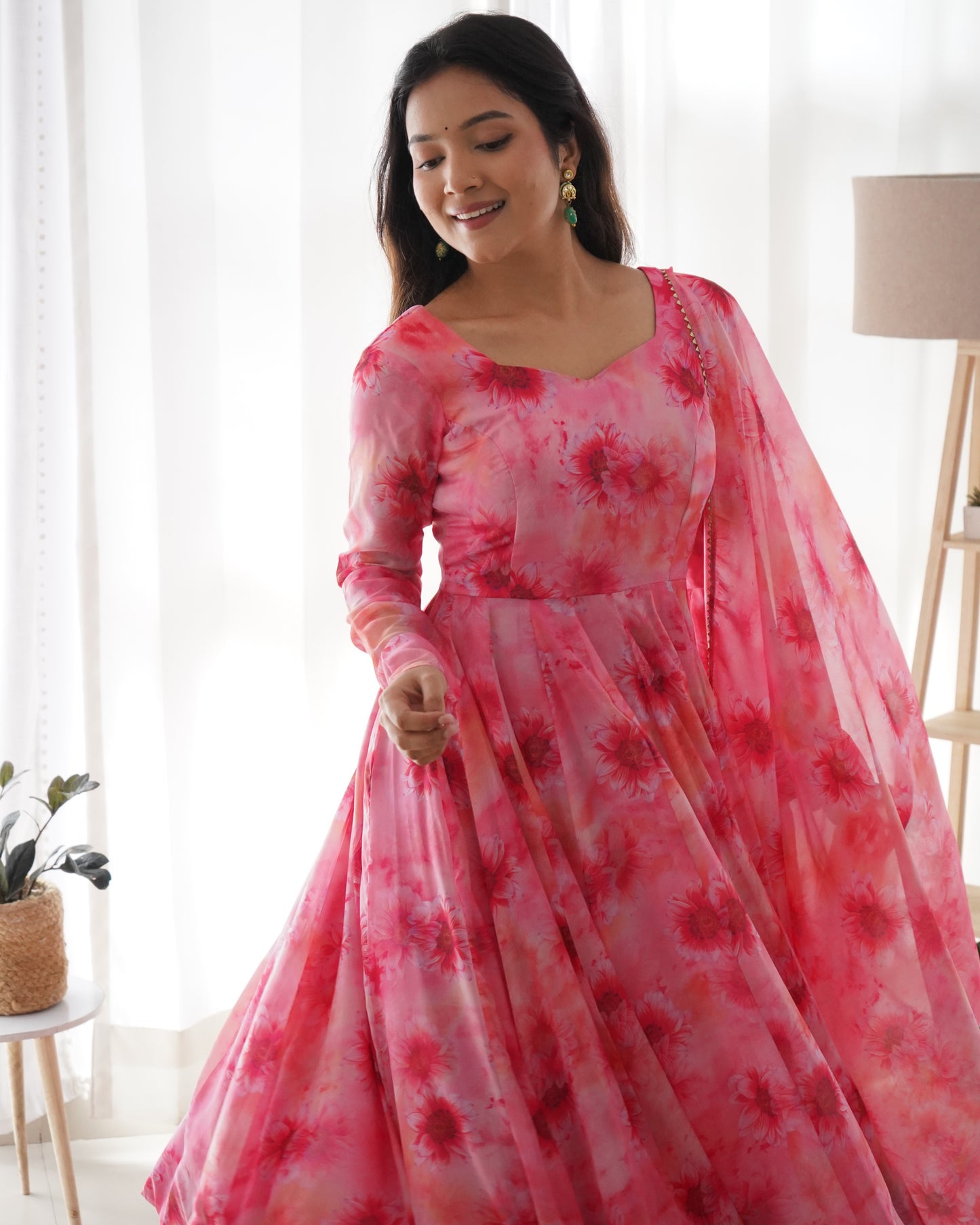 Pink Floral Organza Anarkali