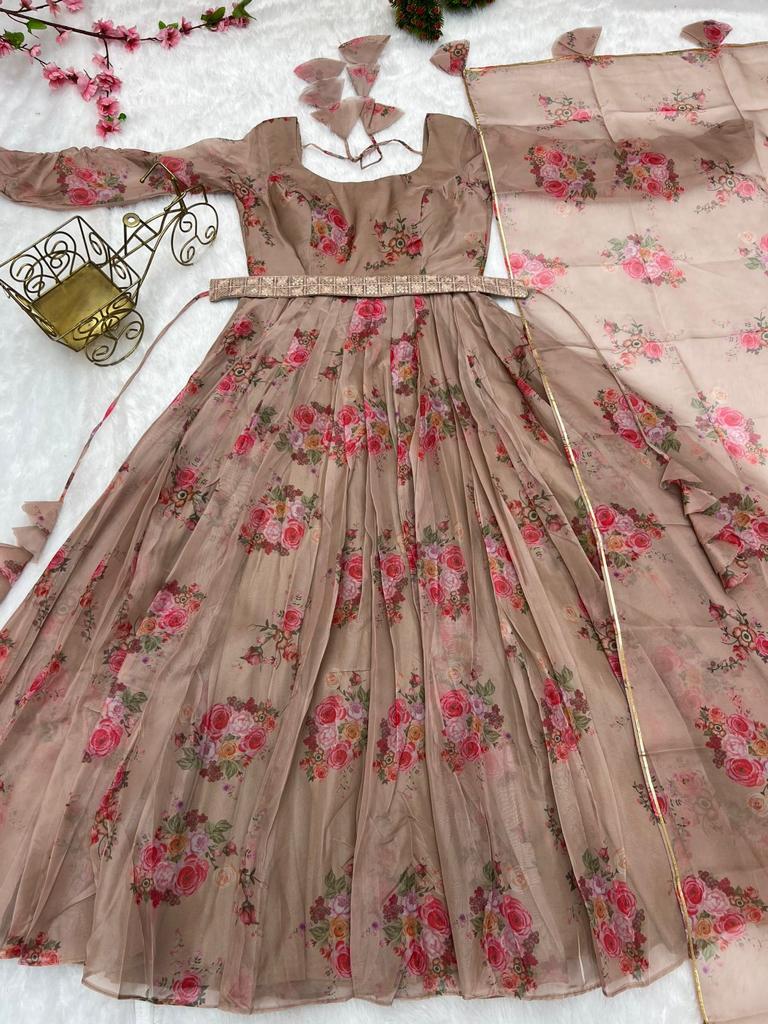 Beige Floral Organza Gown