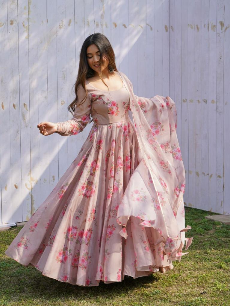 Beige Floral Organza Gown