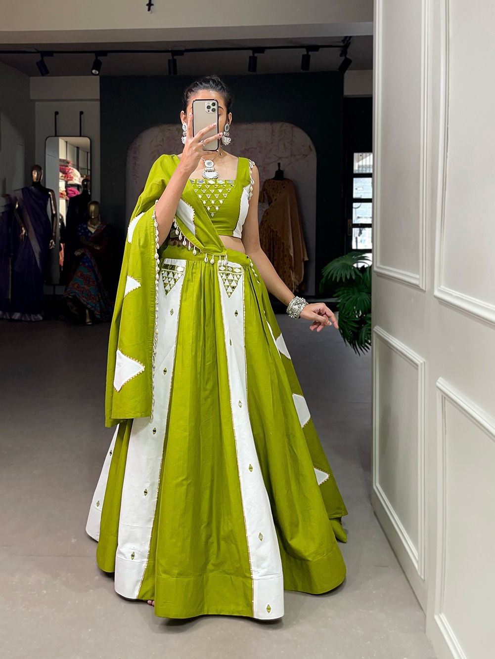 Green Mirror work lehenga Choli