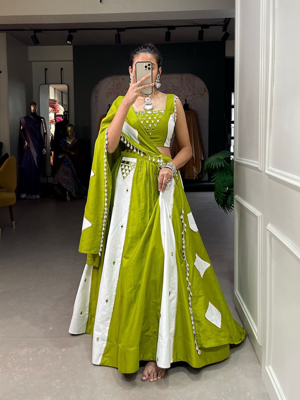 Green Mirror work lehenga Choli