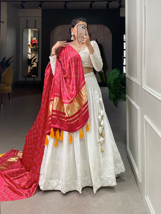 White Lucknowi work lehenga with Gaji Silk dupatta