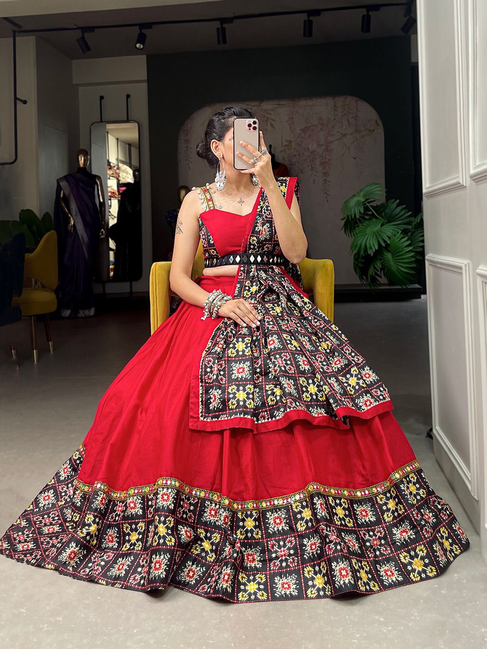 Stylish Red Lehenga with Mirror work belt