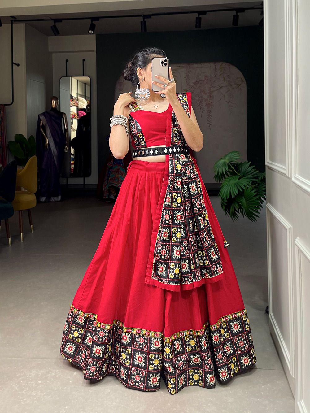 Stylish Red Lehenga with Mirror work belt