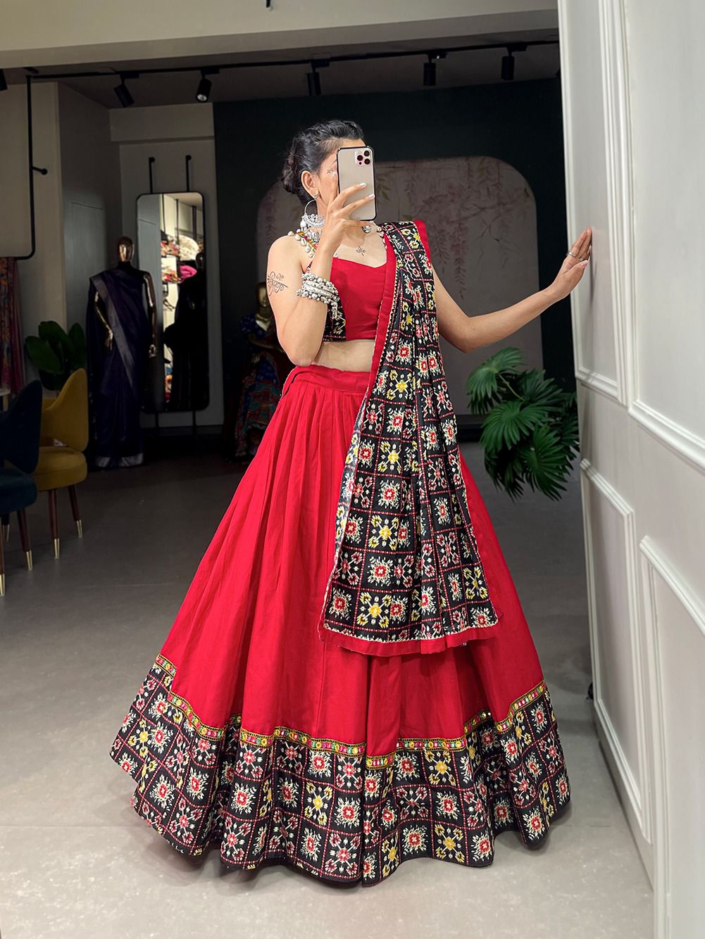 Stylish Red Lehenga with Mirror work belt