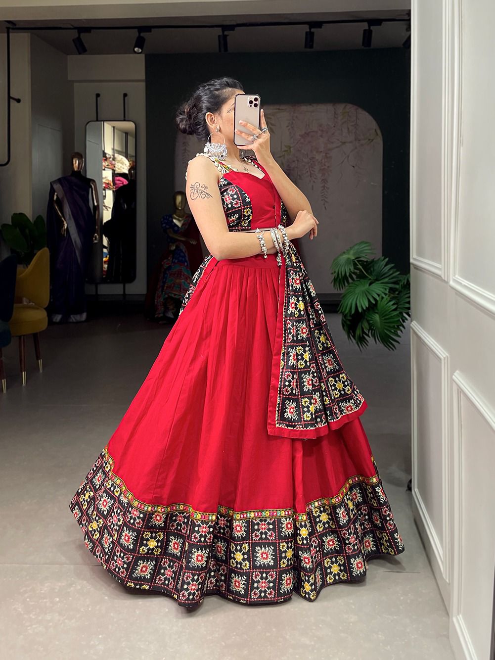 Stylish Red Lehenga with Mirror work belt