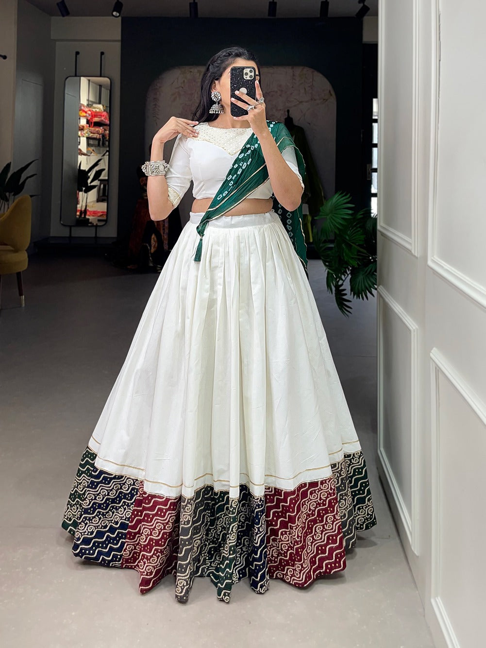 White Printed Garba Choli with Bandhej dupatta