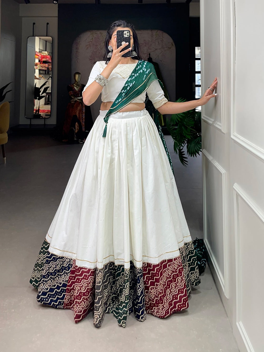 White Printed Garba Choli with Bandhej dupatta