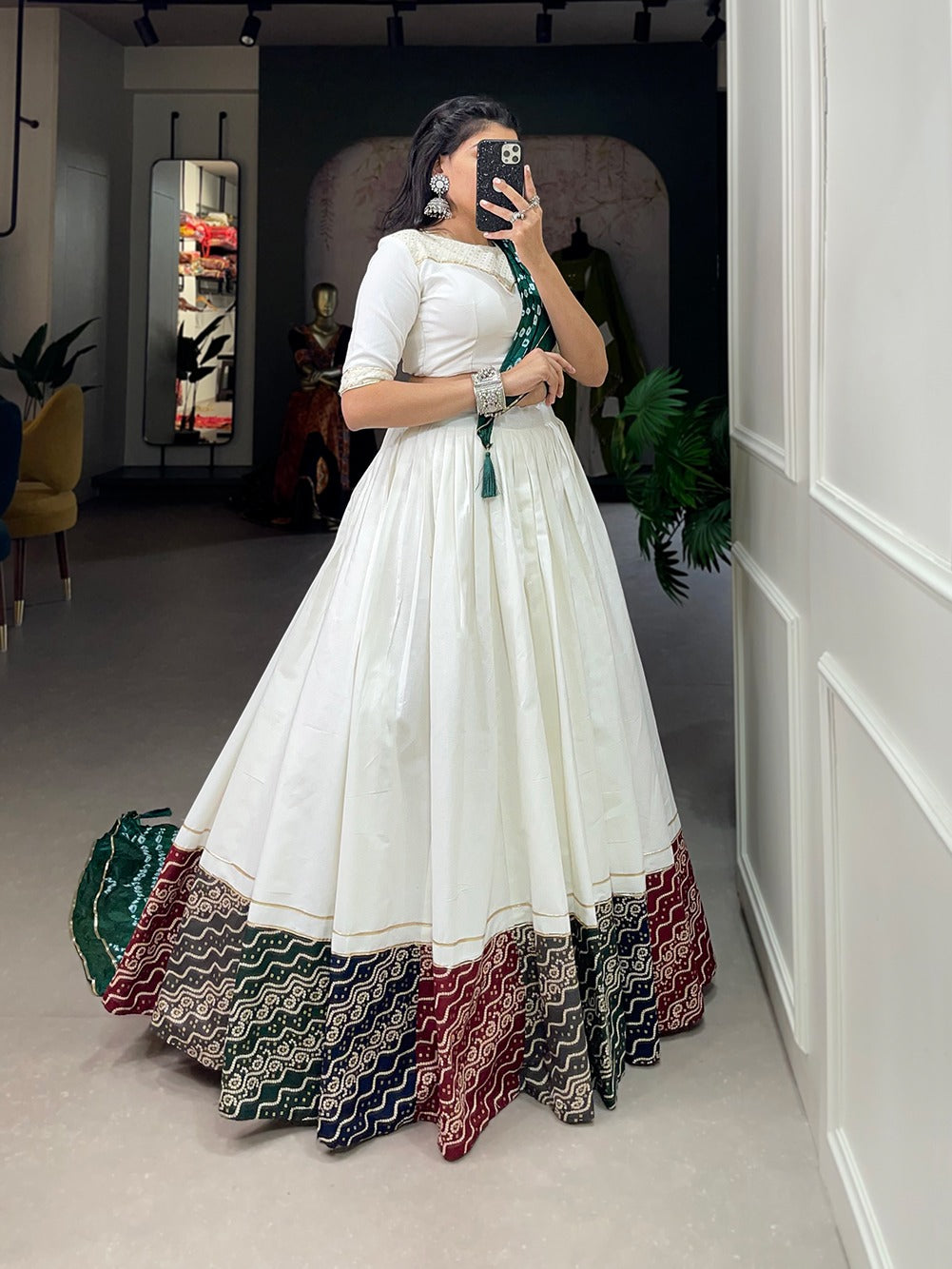 White Printed Garba Choli with Bandhej dupatta