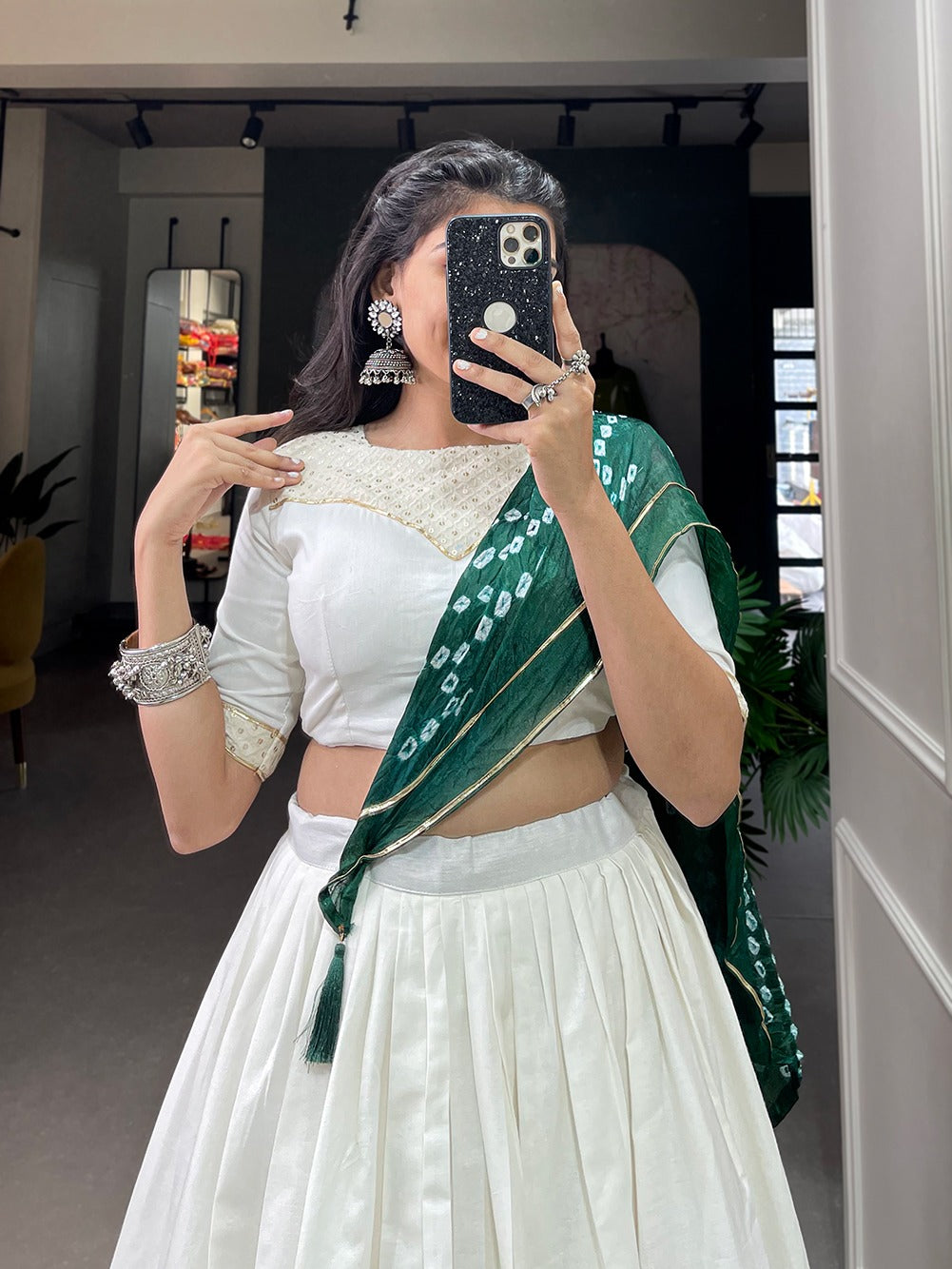 White Printed Garba Choli with Bandhej dupatta