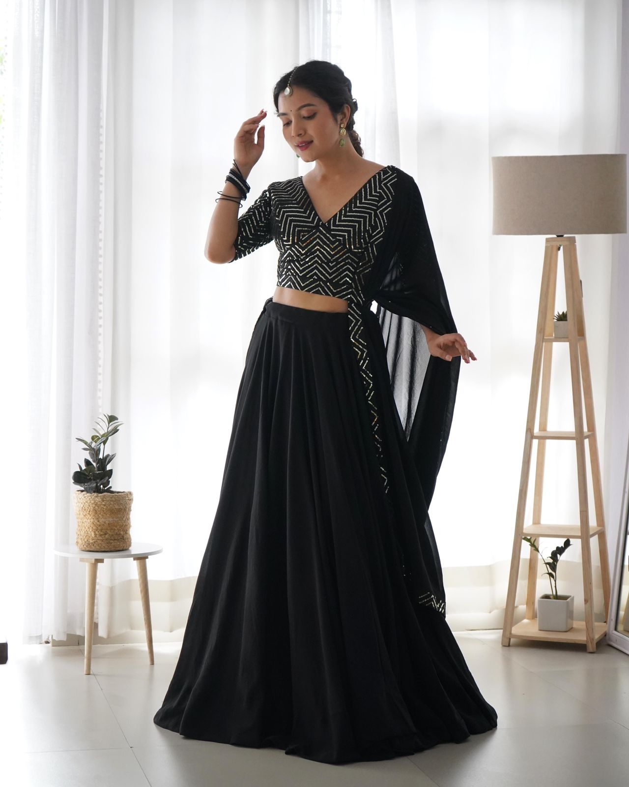 Fully stitched Sequins Lehenga -  Black and Rani pink