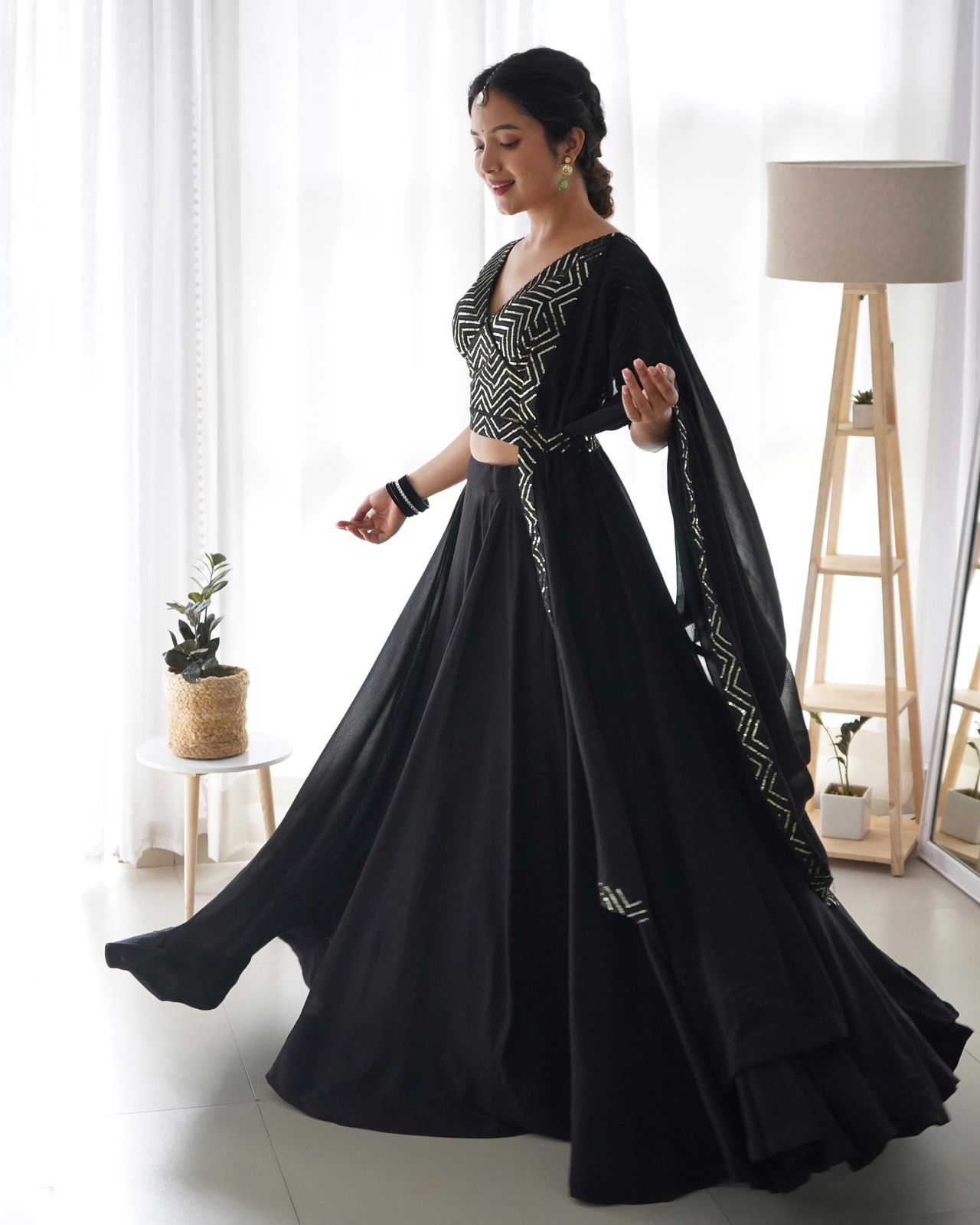 Fully stitched Sequins Lehenga -  Black and Rani pink