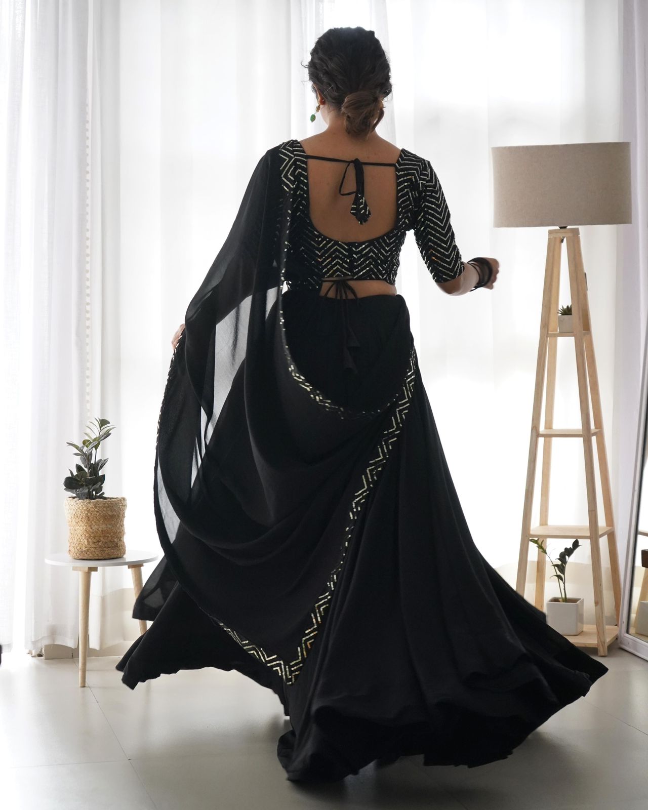 Fully stitched Sequins Lehenga -  Black and Rani pink