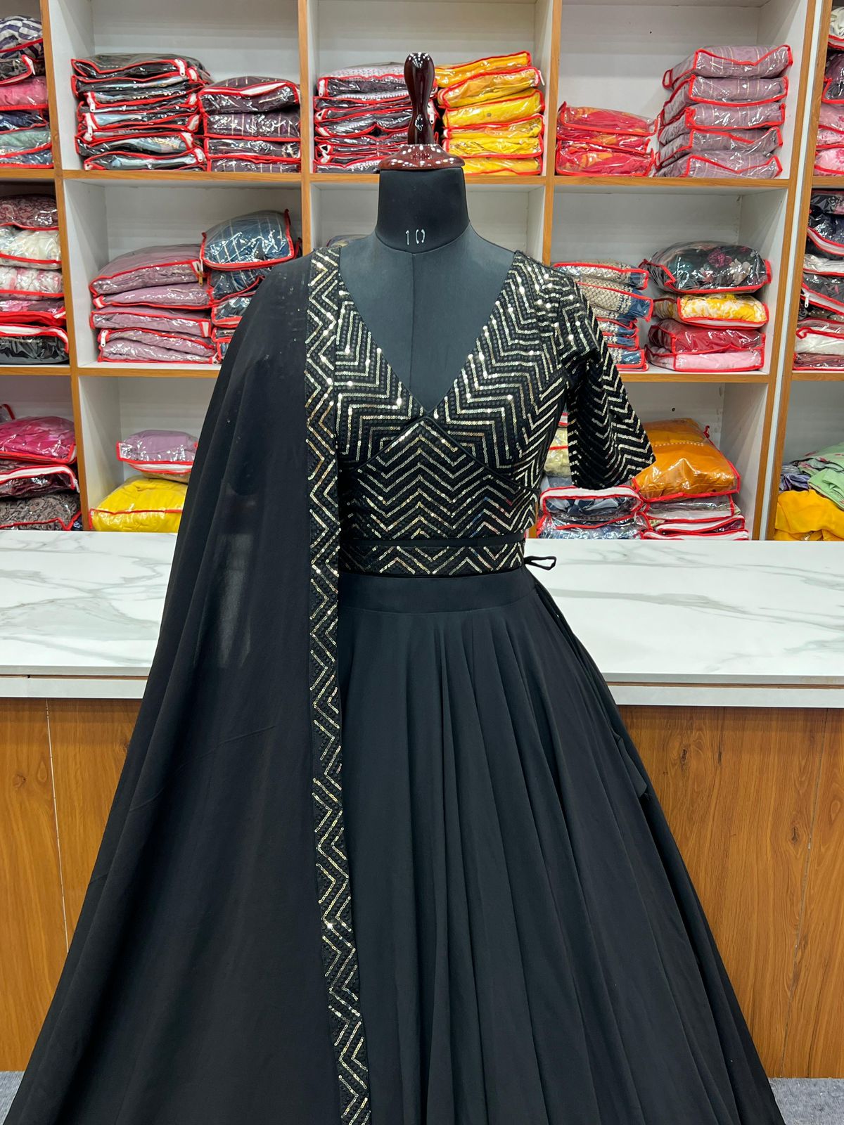 Fully stitched Sequins Lehenga -  Black and Rani pink