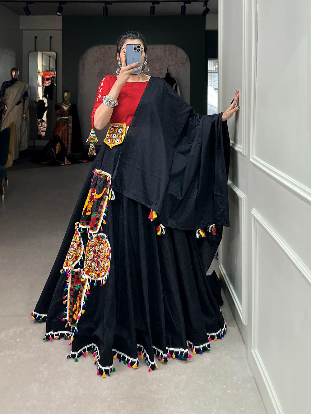 Aari work black lehenga choli