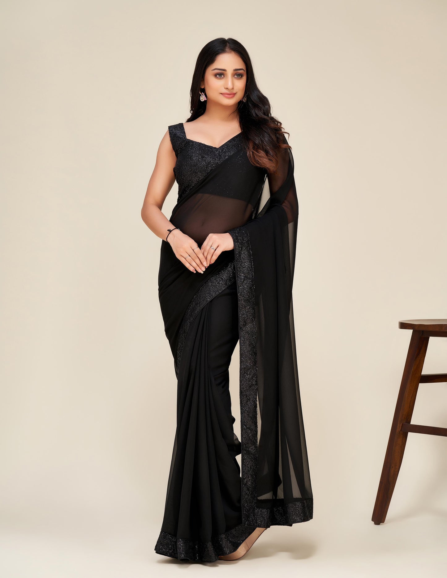 Black Georgette Saree with Sequins border and blouse