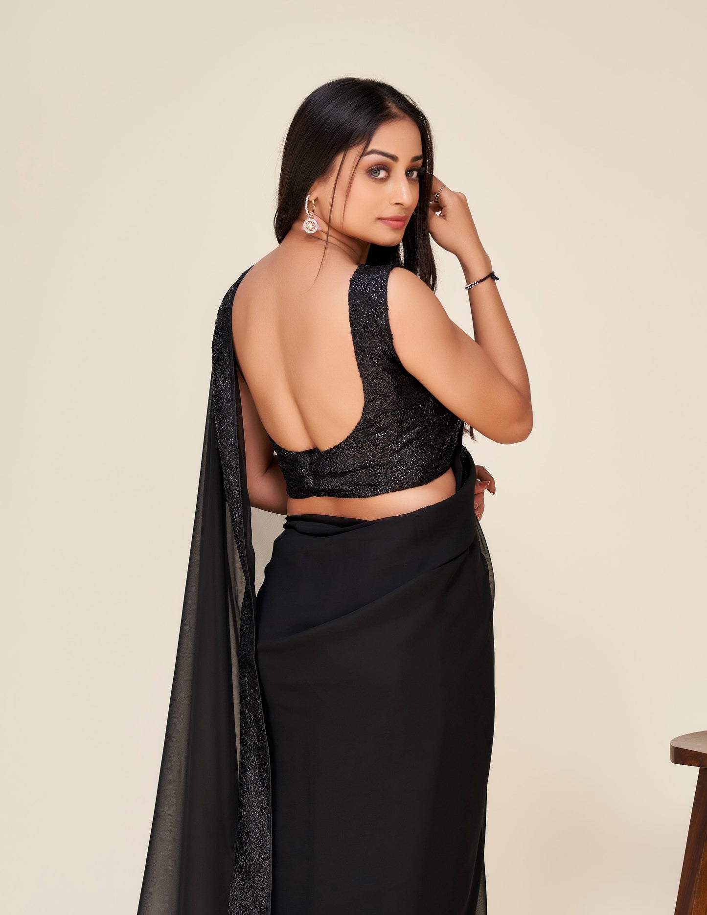 Black Georgette Saree with Sequins border and blouse