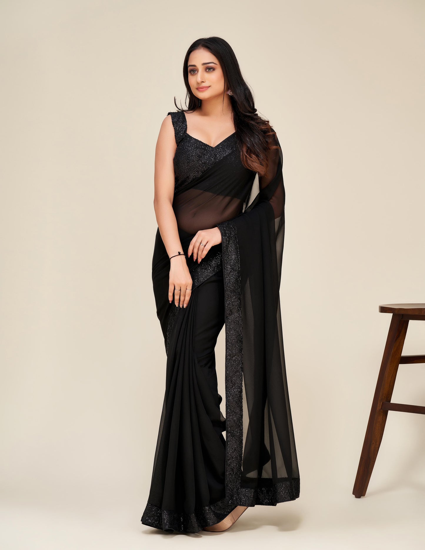 Black Georgette Saree with Sequins border and blouse