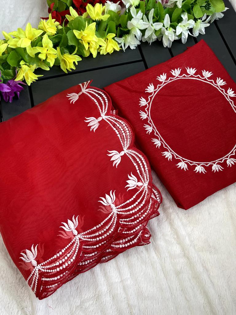 Red embroidered saree