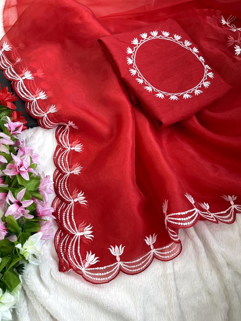 Red embroidered saree