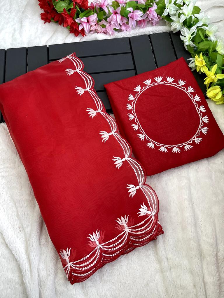 Red embroidered saree