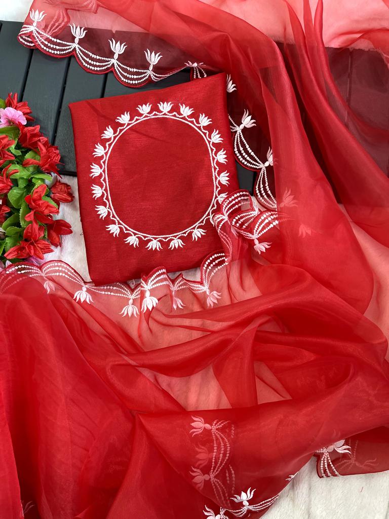 Red embroidered saree