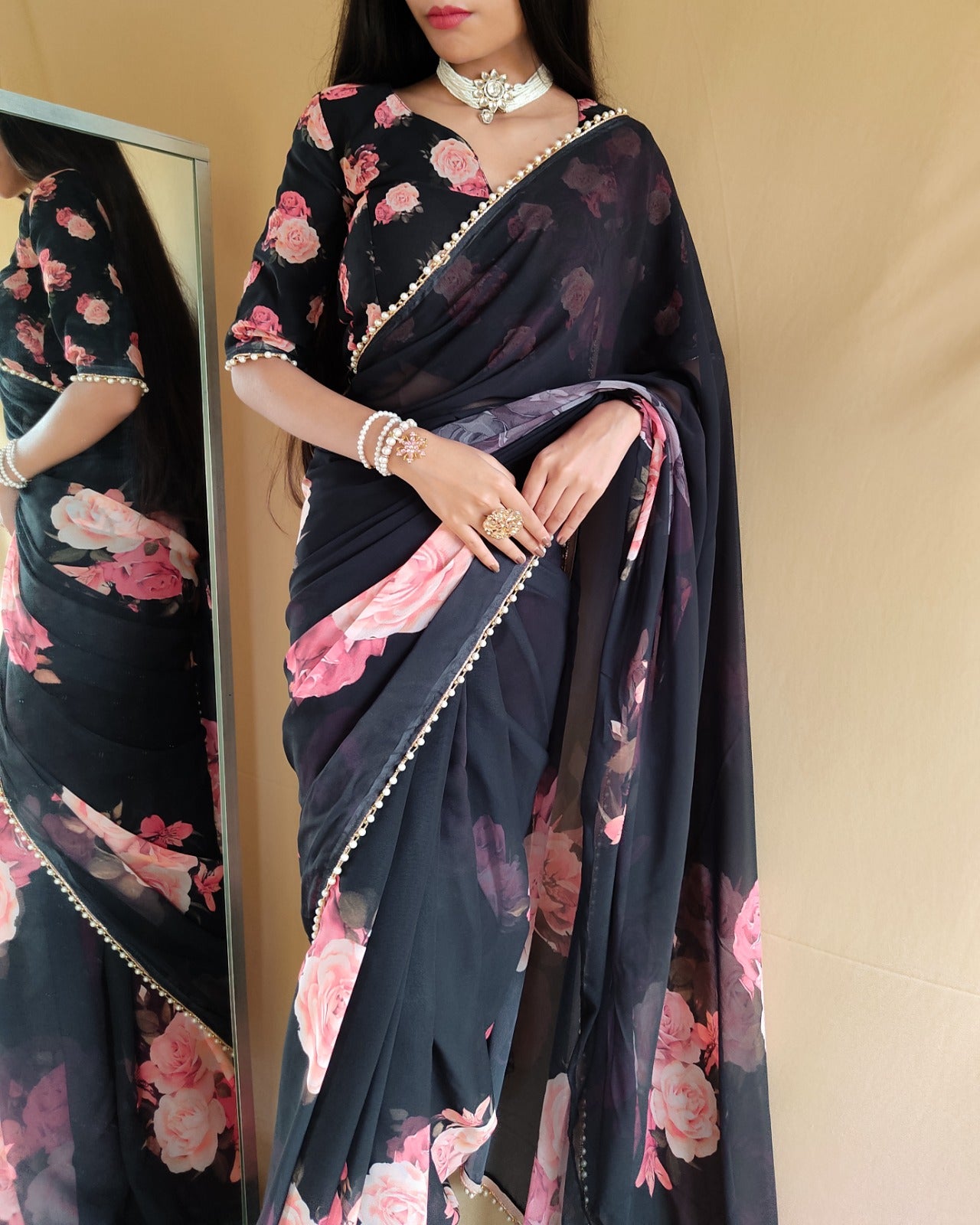 Floral Georgette Saree with Pearl Lace