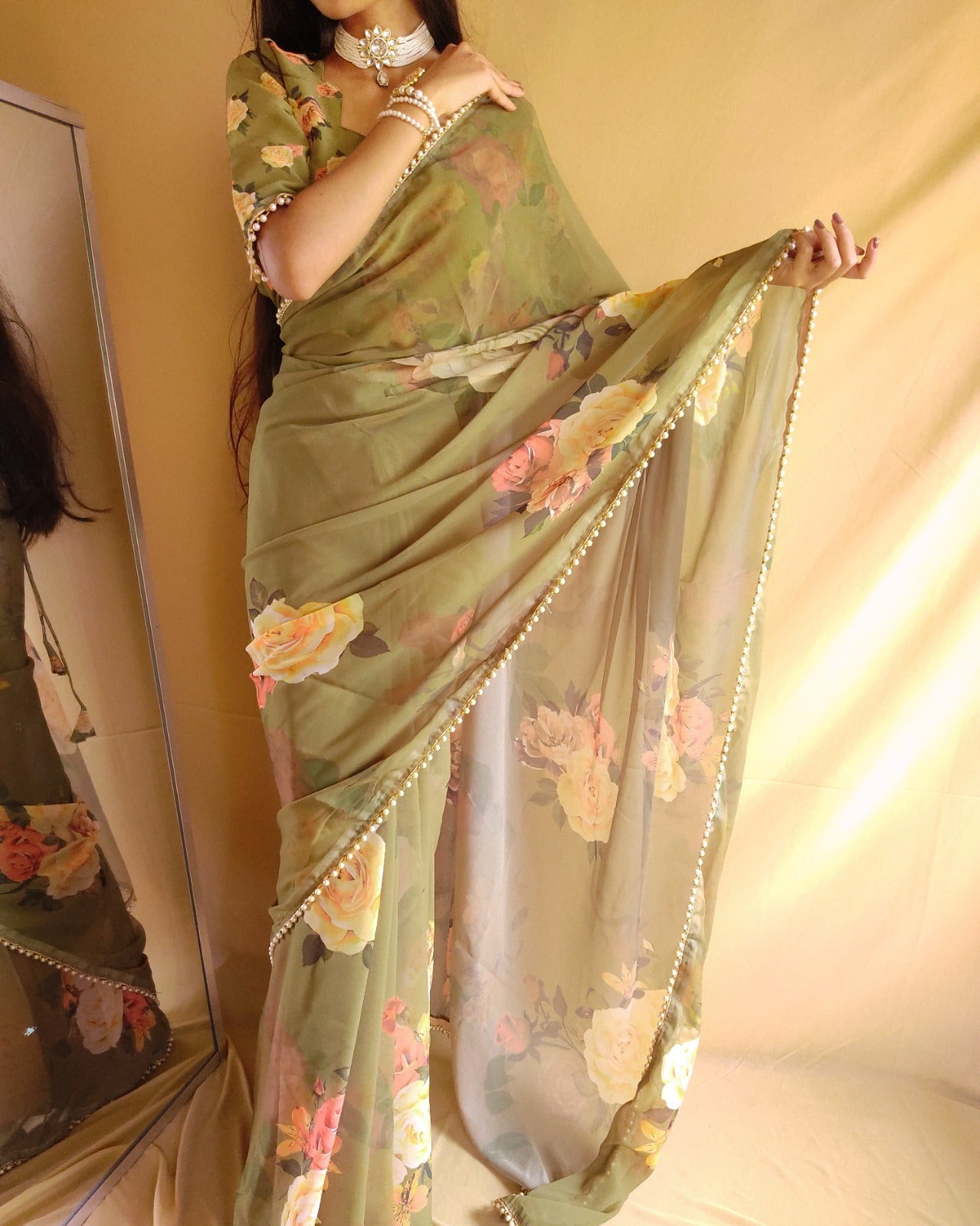 Floral Georgette Saree with Pearl Lace