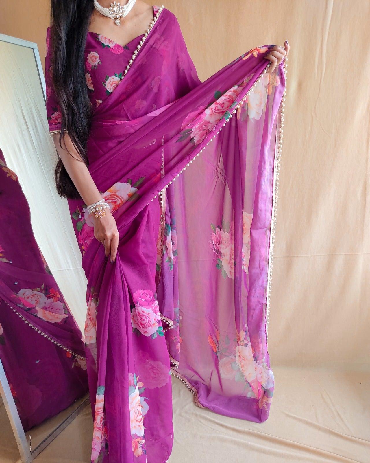 Floral Georgette Saree with Pearl Lace